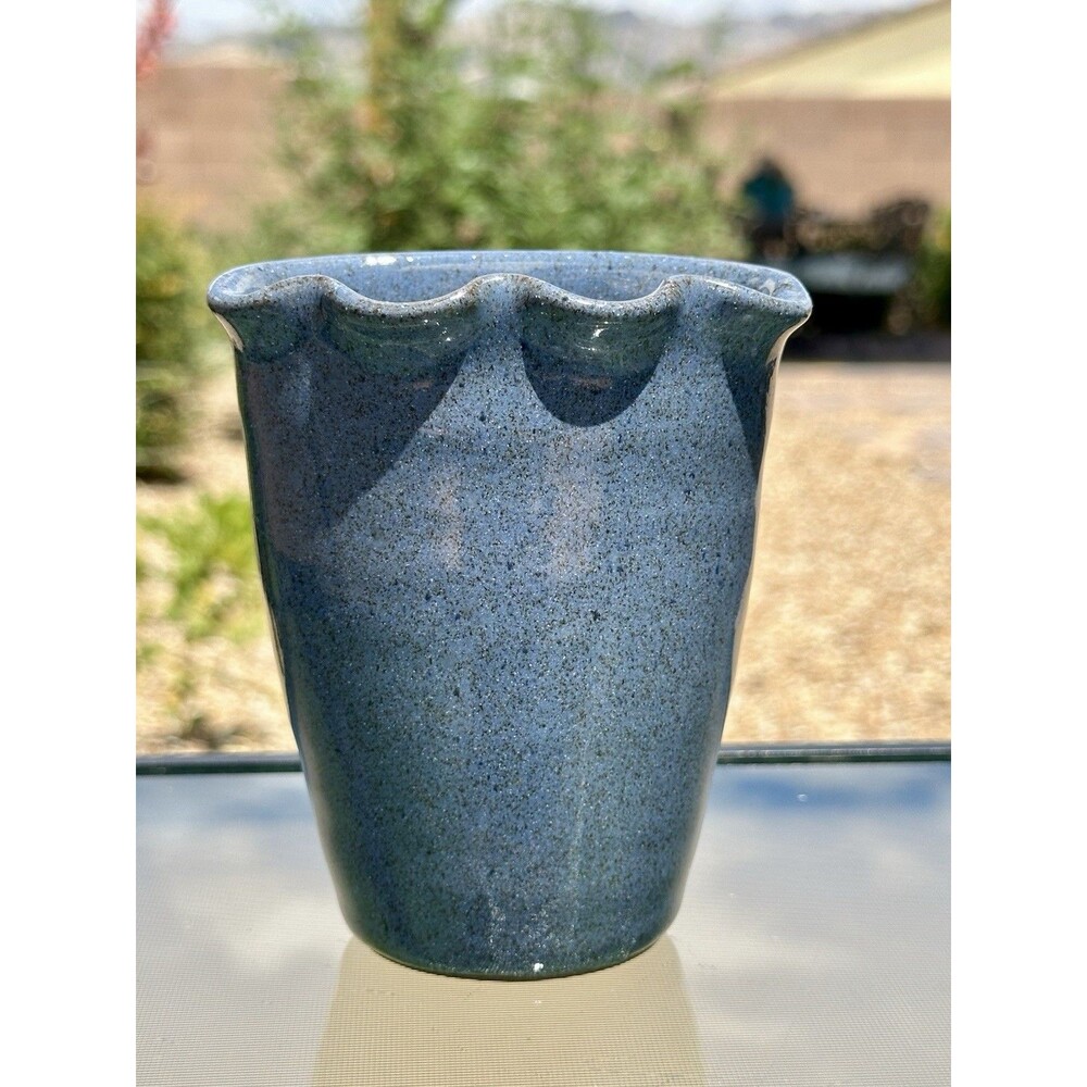 Old Time Pottery Winthrop WA Pocket Vase Blue Speckle Glaze Ruffled Rim Edge